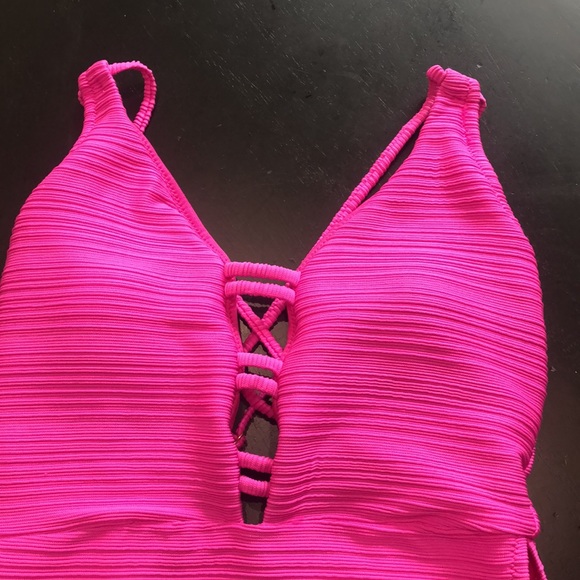 Jessica Simpson Swimsuit Ribbed Plunge Strappy Barbie Pink Small - Picture 5 of 9